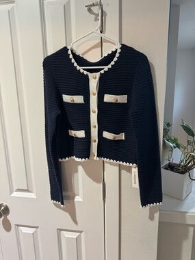 Commense Navy and Cream Knit Cardigan with Gold Button Detail